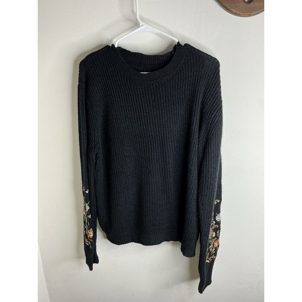 SHEIN Curve Black Crewneck Knit Sweater Colorful Floral Embroidered Sleeves 2XL